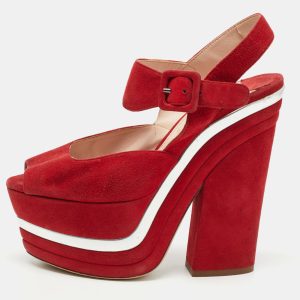 Miu Miu Red Suede Platform Ankle Strap Sandals Size 36, Sandals - Luxury Closet