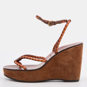Miu Miu Brown/Orange Leather Strappy Wedge Sandals Size 38, Sandals - Luxury Closet