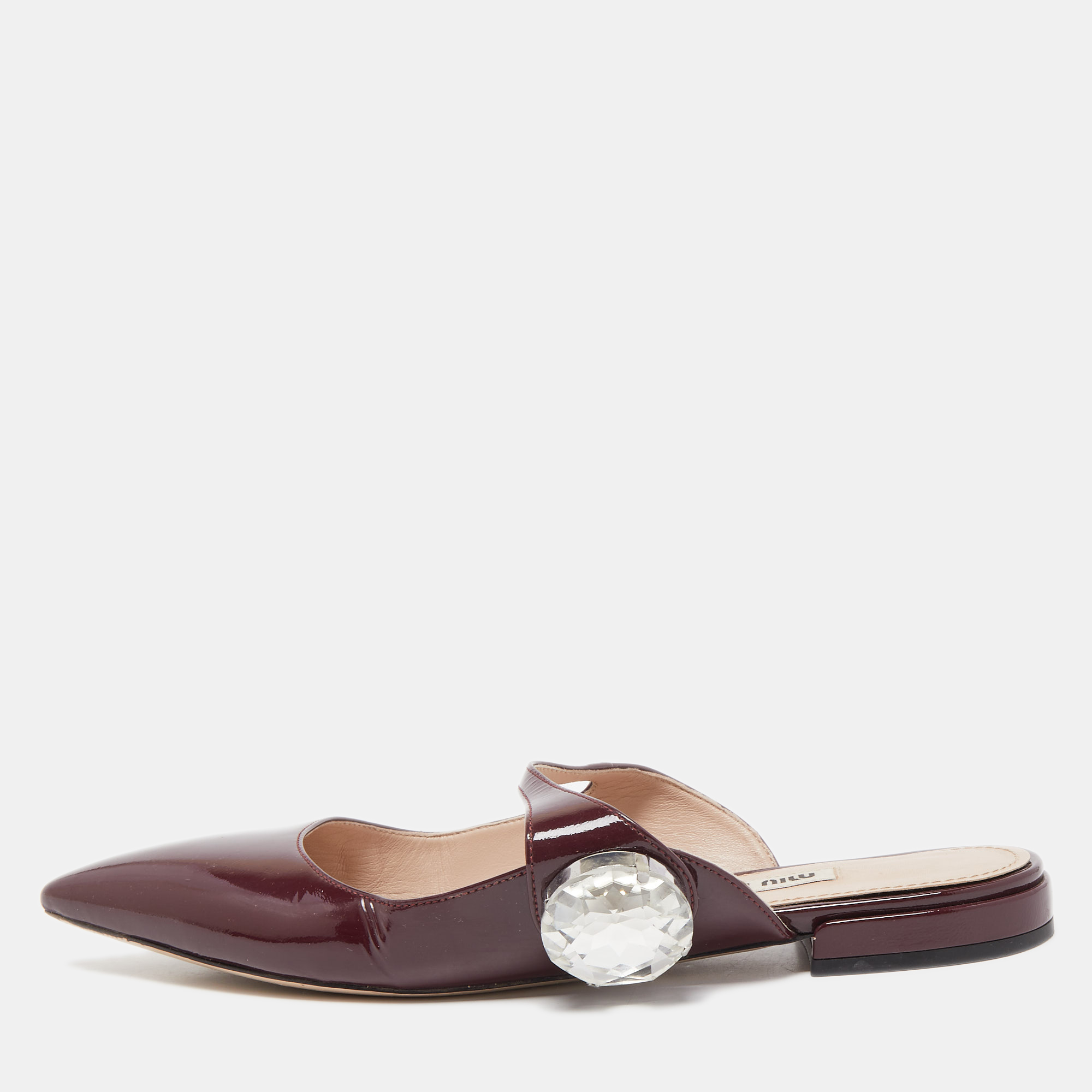 Miu Miu Burgundy Patent Leather Embellished Pointed Toe Mules Size 36, Sandals - Luxury Closet