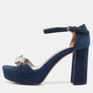 Miu Miu Navy Blue Suede Crystal Embellished Ankle Strap Sandals Size 37.5, Sandals - Luxury Closet
