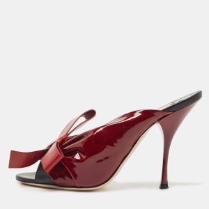 Miu Miu Burgundy/Black Pleated Patent and Leather Bow Slide Sandals Size 38.5, Sandals - Luxury Closet