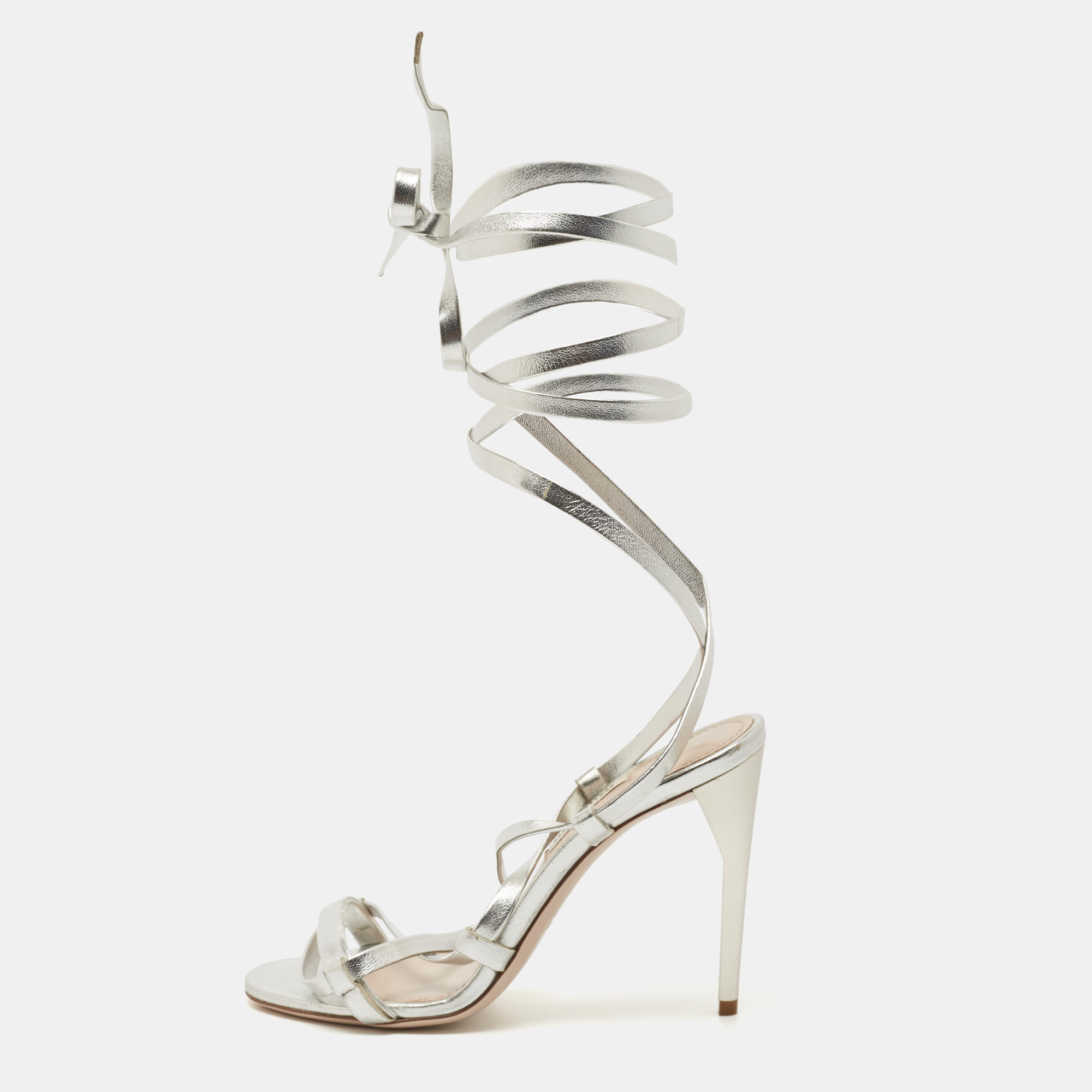 Miu Miu Silver Leather Ankle Wrap Sandals Size 36, Sandals - Luxury Closet
