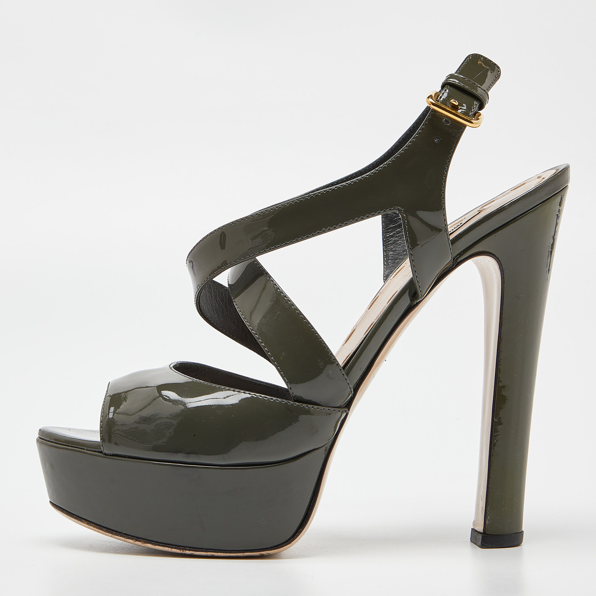 Miu Miu Olive Green Patent Leather Platform Ankle Cross Strap Sandals Size 39, Sandals - Luxury Closet