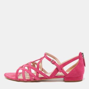 Miu Miu Pink Suede Strappy Flat Sandals Size 39.5, Sandals - Luxury Closet