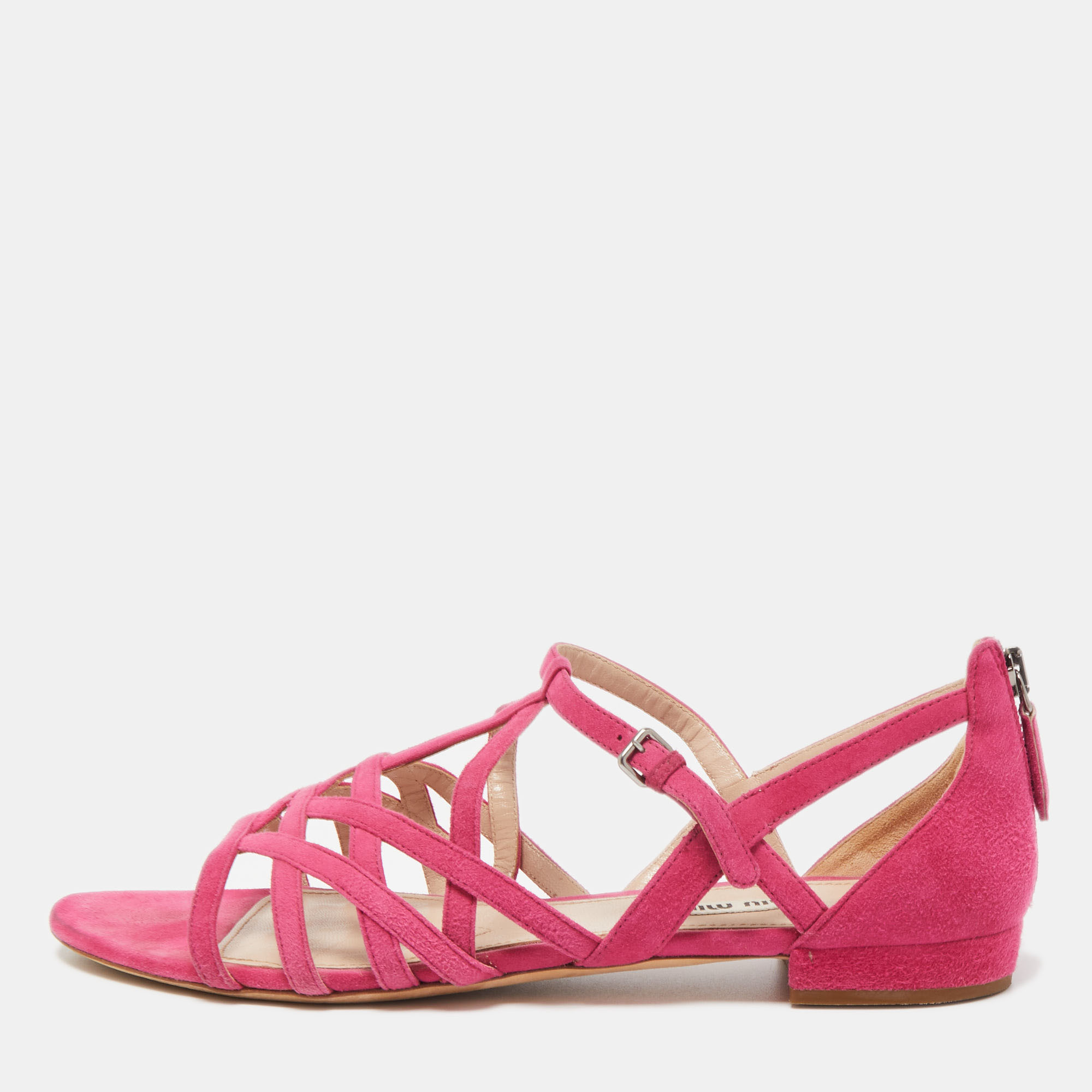 Miu Miu Pink Suede Strappy Flat Sandals Size 39.5, Sandals - Luxury Closet