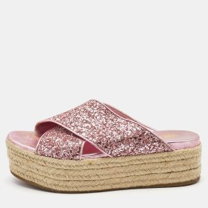 Miu Miu Pink Glitter Cross Strap Platform Espadrille Sandals Size 37.5, Sandals - Luxury Closet
