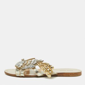 Miu Miu Metallic Leather and Glitter Crystals Embellished Flat Slides Size 36.5, Sandals - Luxury Closet