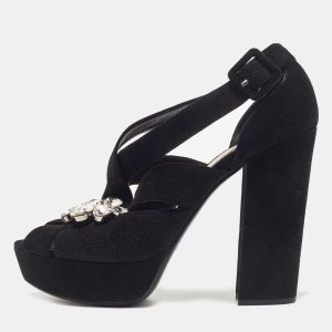 Miu Miu Black Suede Crystal Embellished Platform Sandals Size 40, Sandals - Luxury Closet