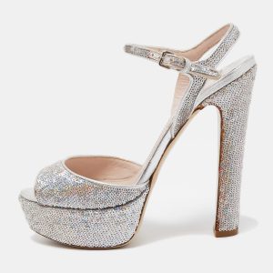 Miu Miu Silver Sequins Embellished Peep-Toe Platform Sandals Size 38, Sandals - Luxury Closet