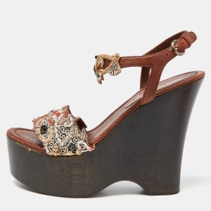Miu Miu Brown Leather and Embroidered Fabric Wedge Platform Ankle Strap Sandals Size 37, Sandals - Luxury Closet