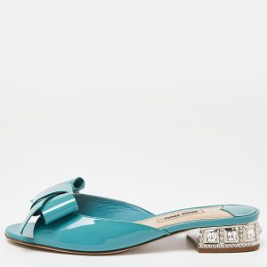 Miu Miu Green Patent Leather Bow Crystal Embellished Heel Slide Sandals Size 36, Sandals - Luxury Closet