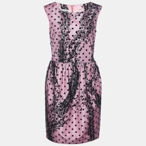 Moschino Couture Pink Printed Satin & Polka Dot Tulle Sleeveless Sheath Dress M, Dresses - Luxury Closet
