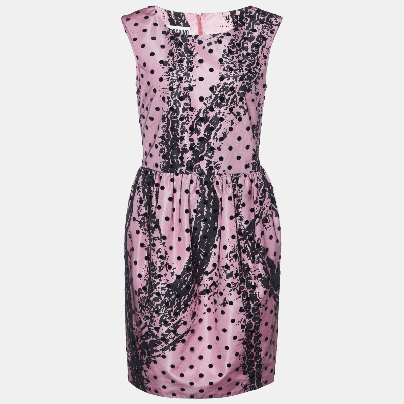 Moschino Couture Pink Printed Satin & Polka Dot Tulle Sleeveless Sheath Dress M, Dresses - Luxury Closet