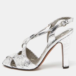 Moschino Silver Crinkled Leather Slingback Sandals Size 38, Sandals - Luxury Closet