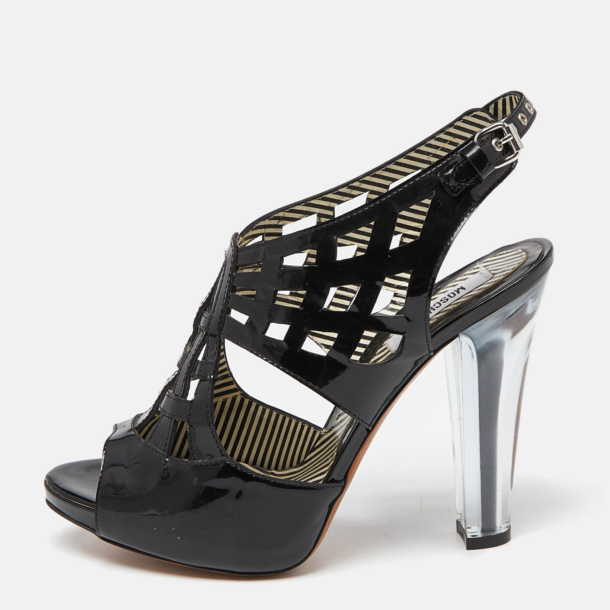 Moschino Black Patent Leather Caged Slingback Sandals Size 38, Sandals - Luxury Closet