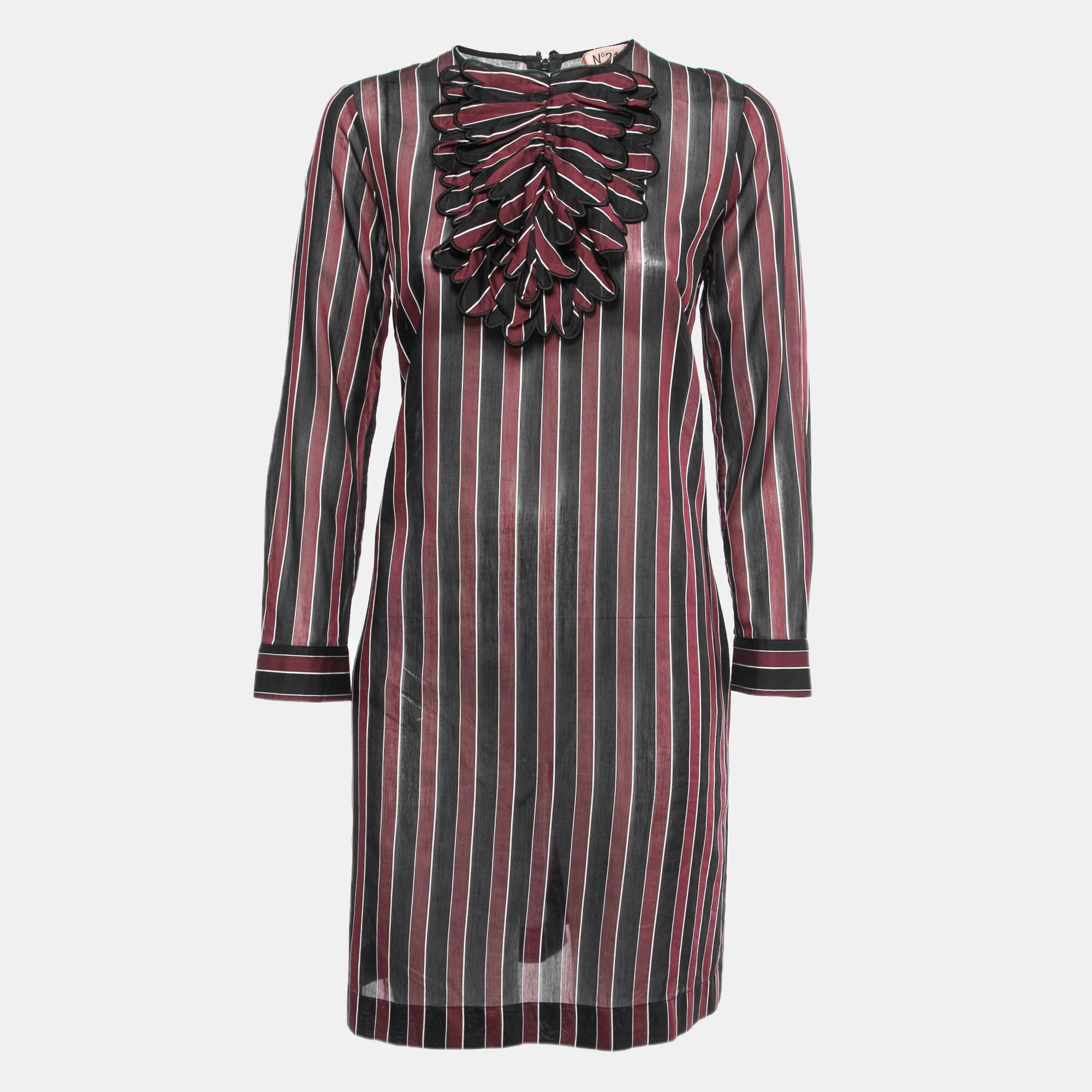 N21 Burgundy/Black Striped Cotton Blend Long Sleeve Short Dress M, Dresses - Luxury Closet catalog