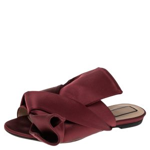 N21 Burgundy Satin Raso Knot Peep Toe Mules Size 37, Sandals - Luxury Closet
