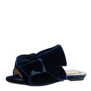 N&ordm;21 Navy Blue Velvet Knot Flat Mules Size 37, Sandals - Luxury Closet