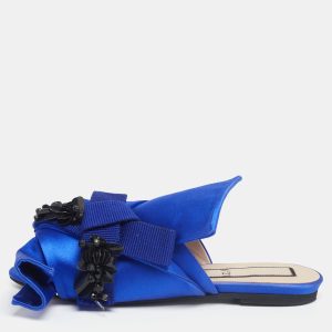 N&ordm;21 Royal Blue Satin Embellished Knot Flat Mules Size 36.5, Sandals - Luxury Closet