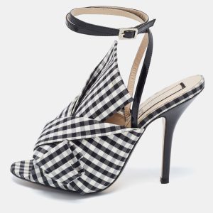 N21 Black/White Fabric Gingham Ankle Wrap Peep Toe Sandals Size 38.5, Sandals - Luxury Closet