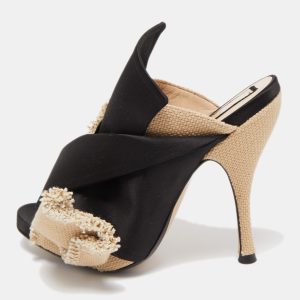N&ordm;21 Black/Beige Satin and Canvas Raso Knot Mules Size 36, Sandals - Luxury Closet