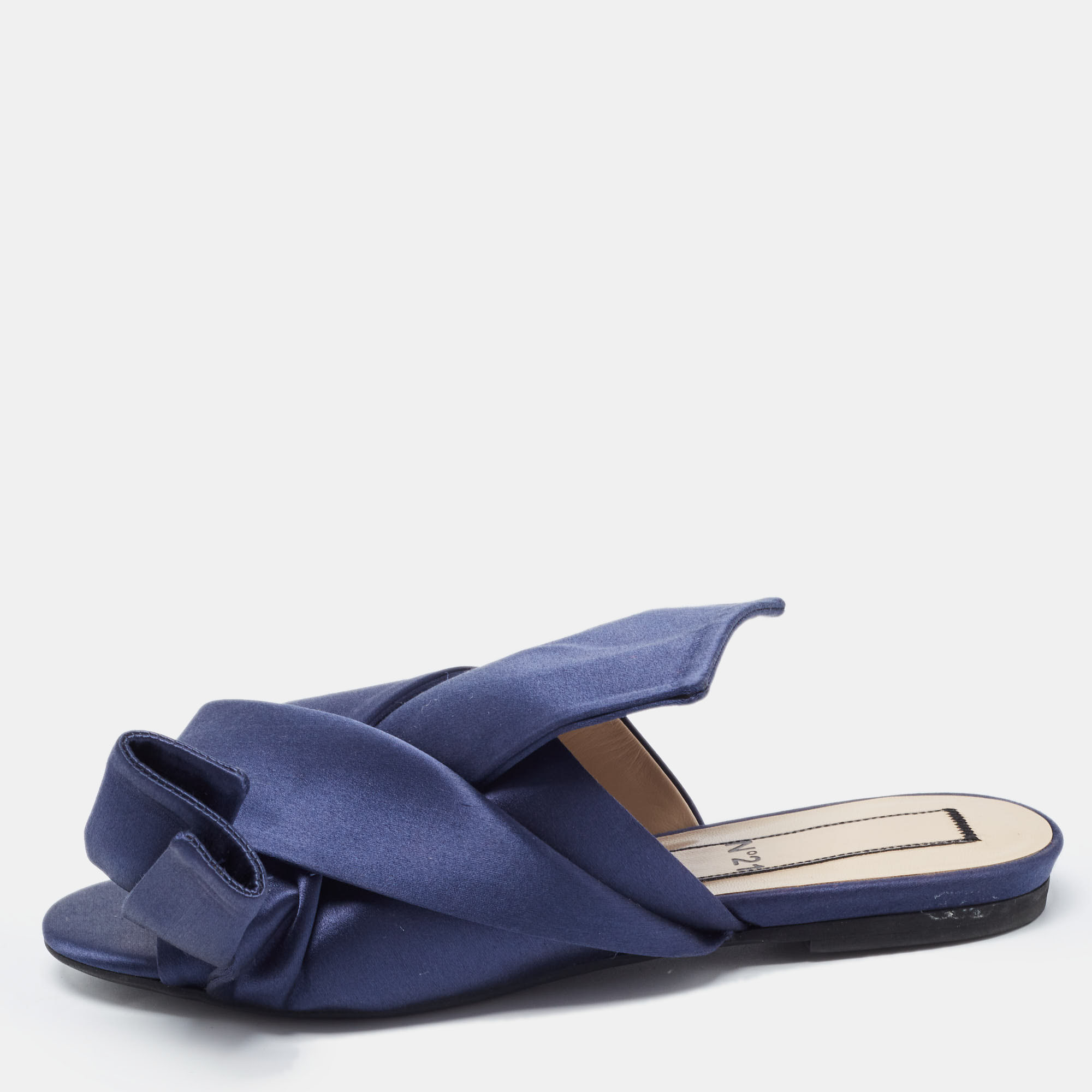N21 Navy Blue Satin Knot Flat Slides Size 36, Sandals - Luxury Closet