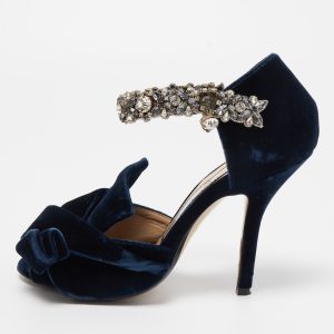 N&deg;21 Navy Blue Velvet Crystal Embellished Ankle Strap Sandals Size 36, Sandals - Luxury Closet