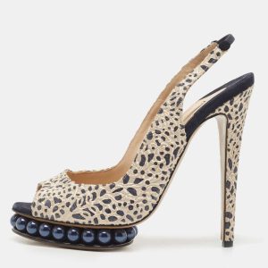 Nicholas Kirkwood Navy Blue/Cream Laser Cut Lace and Suede Pearl Platform Peep Toe Slingback Pumps Size 39, Pumps - Luxury Closet catalog