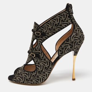 Nicholas Kirkwood Black/Gold Embroidered Suede Cut Out Sandals Size 41, Sandals - Luxury Closet