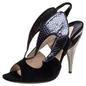 Nicholas Kirkwood Black Suede And Python Embossed Leather Cutout Slingback Sandals Size 39.5, Sandals - Luxury Closet