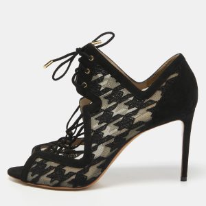 Nicholas Kirkwood Black Lace and Suede Peep Toe Lace Up Sandals Size 40.5, Sandals - Luxury Closet