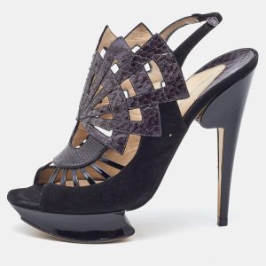 Nicholas Kirkwood Black Watersnake Leather and Suede Slingback Sandals Size 39, Sandals - Luxury Closet