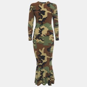 Norma Kamali Green Camouflage Jersey Fishtail Midi Dress S, Dresses - Luxury Closet catalog