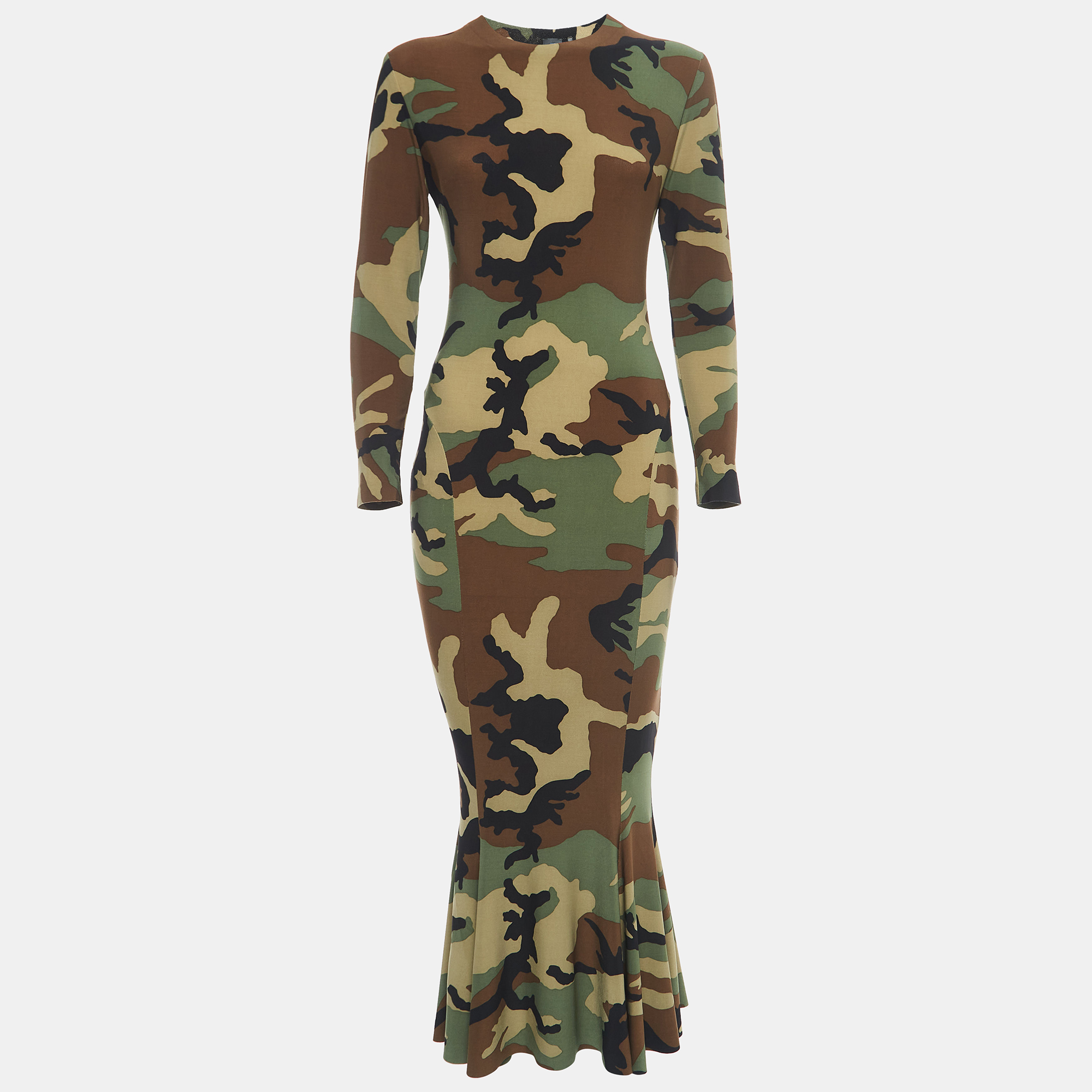 Norma Kamali Green Camouflage Jersey Fishtail Midi Dress S, Dresses - Luxury Closet catalog