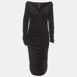 Norma Kamali Black Draped Jersey Long Sleeve Tara Midi Dress L, Dresses - Luxury Closet