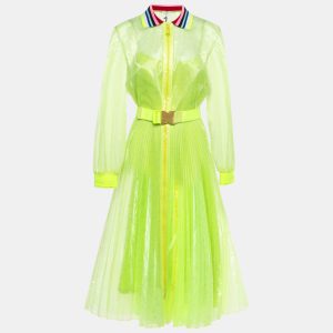 Fendi Neon Yellow Printed Synthetic Pleated Bleated Midi Dress M, Dresses - Luxury Closet