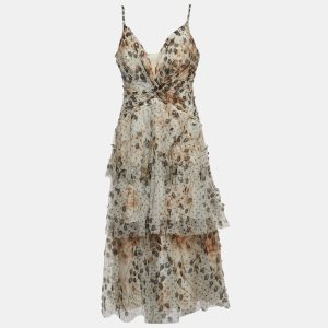 Marchesa Notte Beige Embellished Printed Tulle Tiered Gown L, Dresses - Luxury Closet catalog