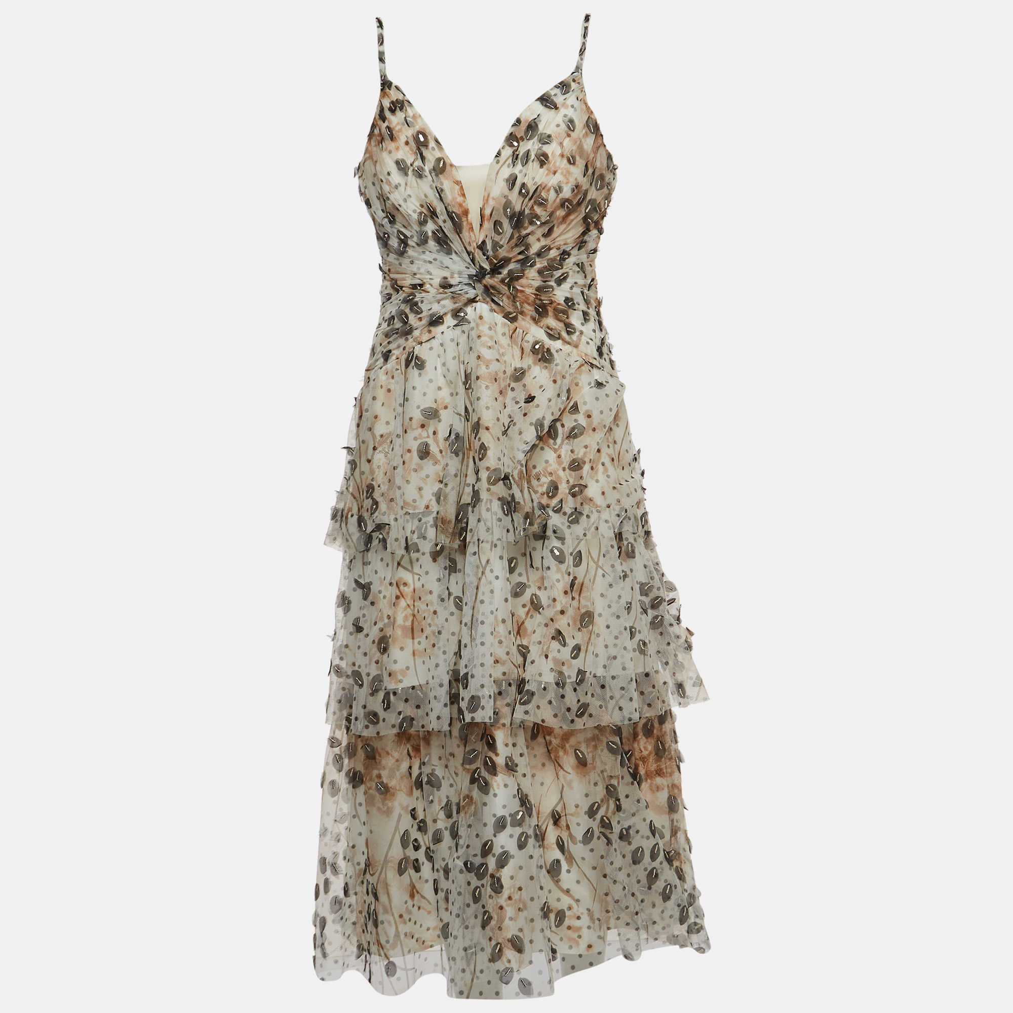 Marchesa Notte Beige Embellished Printed Tulle Tiered Gown L, Dresses - Luxury Closet catalog