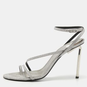 Off-White Metallic Grey Glitter Allen Ankle Strap Sandals Size 40, Sandals - Luxury Closet