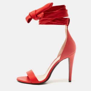 Off-White Red Leather Bow Ankle Tie Sandals Size 39, Sandals - Luxury Closet