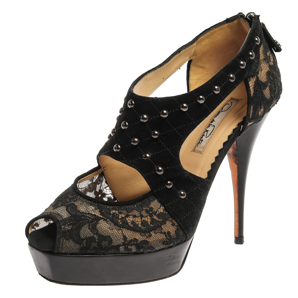 Oscar de la Renta Black Lace And Suede Platform Studded Peep Toe Zipper Sandals Size 38, Sandals - Luxury Closet