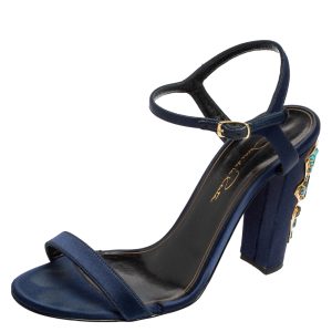 Oscar de la Renta Navy Blue Satin Lemmy Embellished Ankle Strap Sandals Size 37.5, Sandals - Luxury Closet