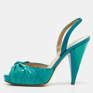 Oscar De La Renta Turquoise Patent Leather Bow Platform Slingback Sandals Size 36.5, Sandals - Luxury Closet
