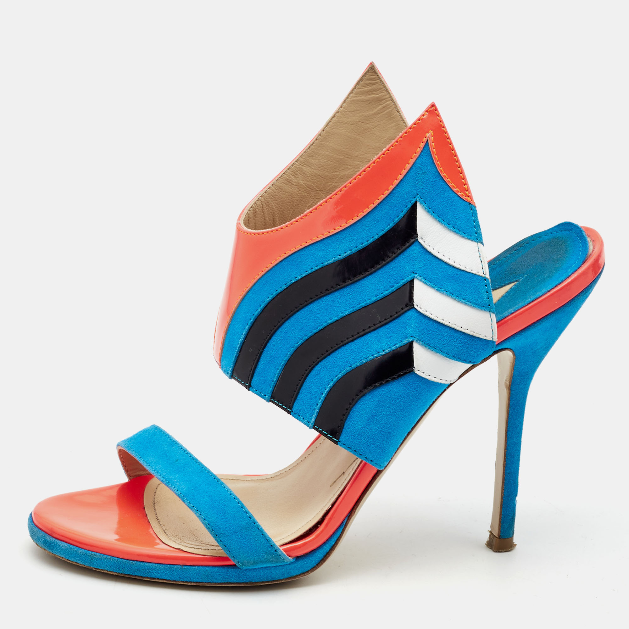Paul Andrew Multicolor Suede And Patent Leather Wing Vamp Slides Size 37, Sandals - Luxury Closet