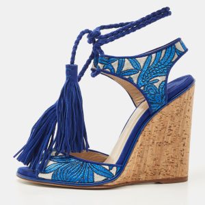 Paul Andrew Blue/Silver Fabric and Suede Ankle Tassel Tie Wedge Sandals Size 38.5, Sandals - Luxury Closet