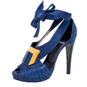Pierre Hardy Blue Laminated Suede Buckle Ankle-Tie Sandals Size 38, Sandals - Luxury Closet