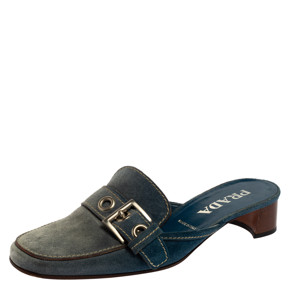 Prada Blue Denim Buckle Mule Sandals Size 38.5, Sandals - Luxury Closet