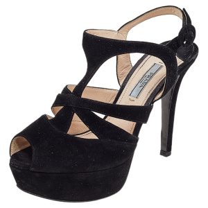 Prada Black Suede Peep Toe Slingback Platform Sandals Size 37.5, Sandals - Luxury Closet