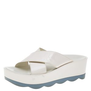 Prada White Patent Leather Crisscross Platform Slide Sandals Size 38, Sandals - Luxury Closet