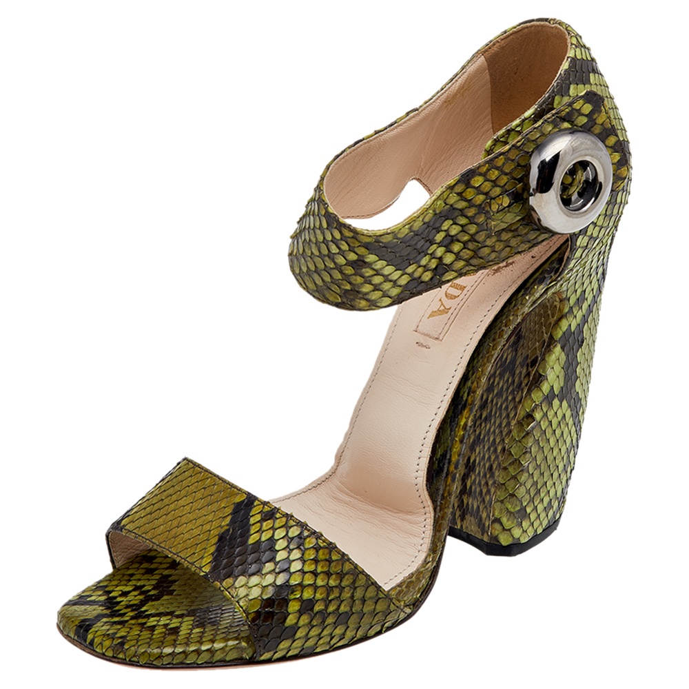 Prada Green Python Leather Ankle Strap Sandals Size 38.5, Sandals - Luxury Closet